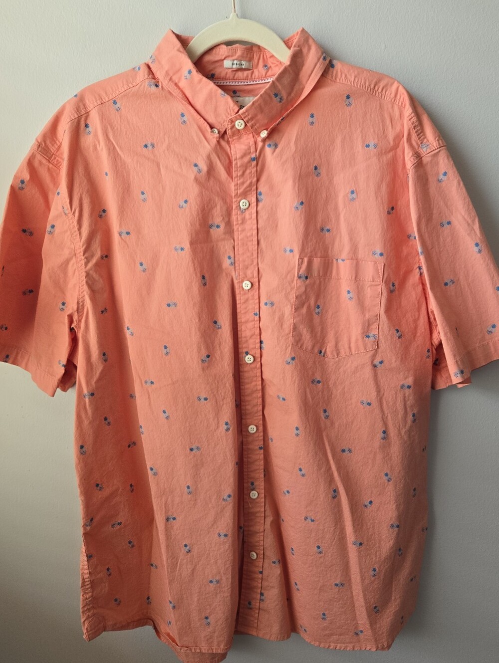Hawker Rye Coral Short-Sleeve Button-Down Shirt with Subtle Blue Print